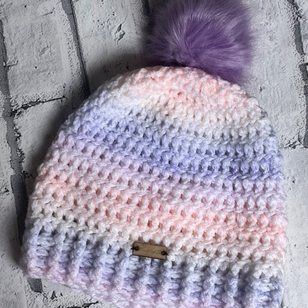 Pink & Purple Beanie with Faux Fur Pom-Pom