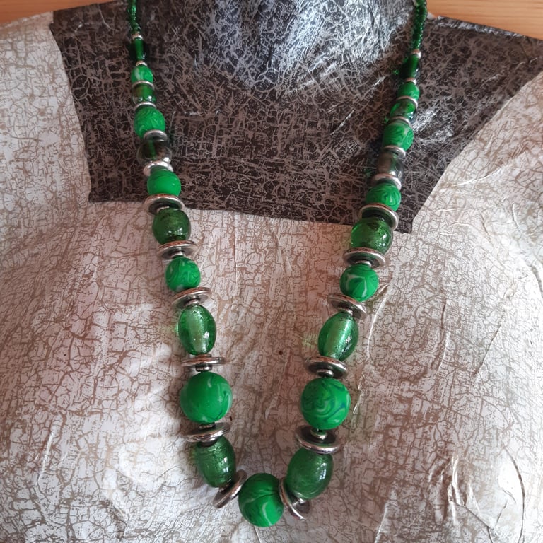 Handmade Polymer Clay Necklace – Bright Green & Silver