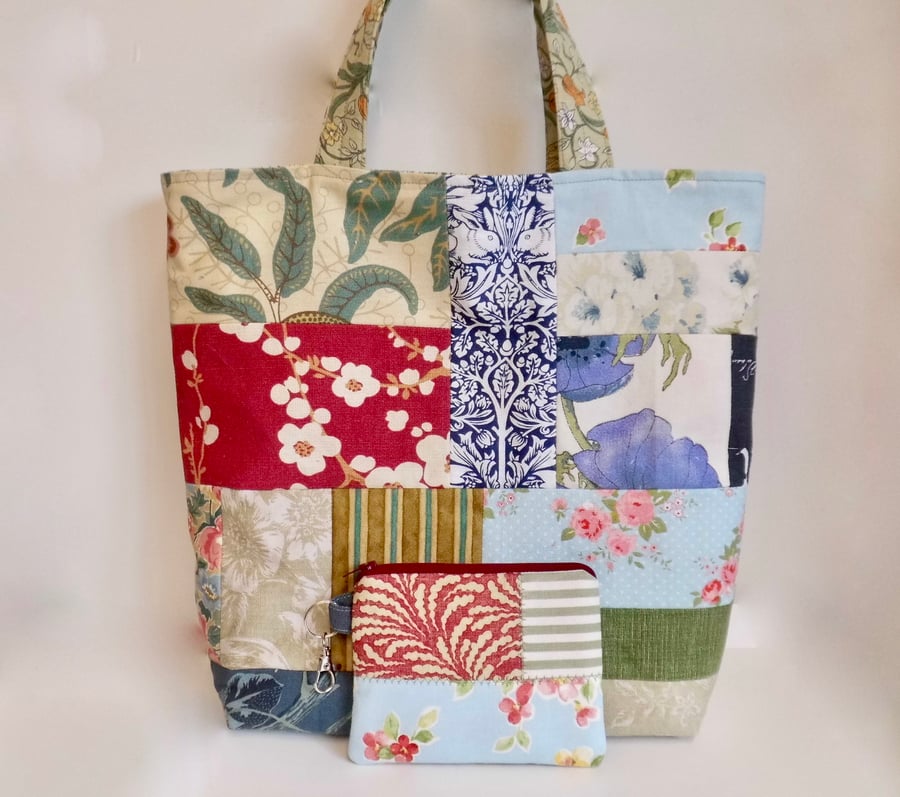 Patchwork tote bag and coin purse set shopping bag clip-in purse