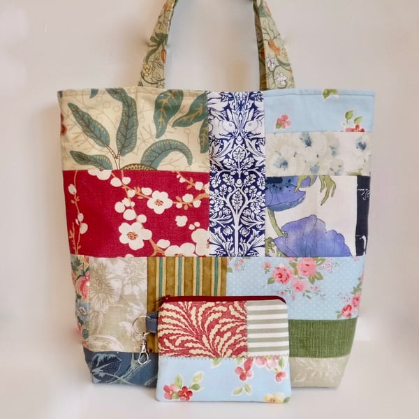 Patchwork tote bag and coin purse set shopping bag clip-in purse