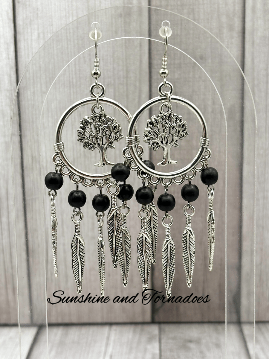 Obsidian Gemstone and Silver Feather Earrings - Handmade - Star Earrings
