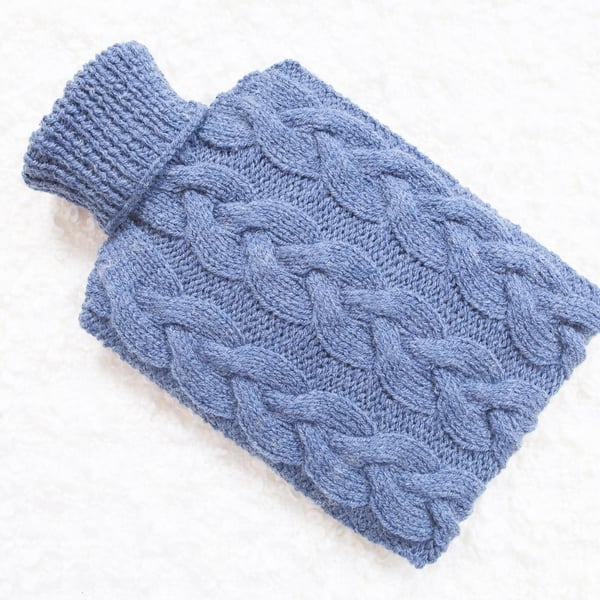 Hand knitted hot water bottle cover, cosy in denim. Rustic bedroom, home decor.