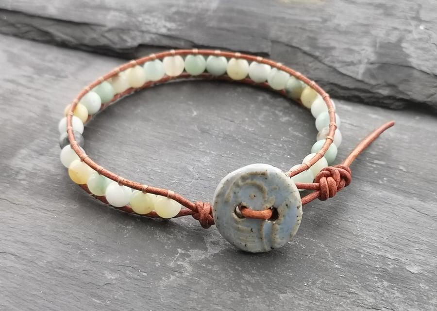 Amazonite leather bracelet with ceramic button, semi precious beads 