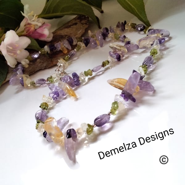 Gorgeous Organic Design Amethyst , Citrine & Peridot Sterling Silver Necklace