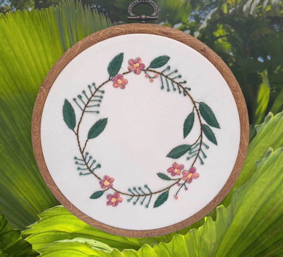 Flower Wreath Embroidery, Variegated Flower Embroidery, Embroidery Hoop, Hand Em