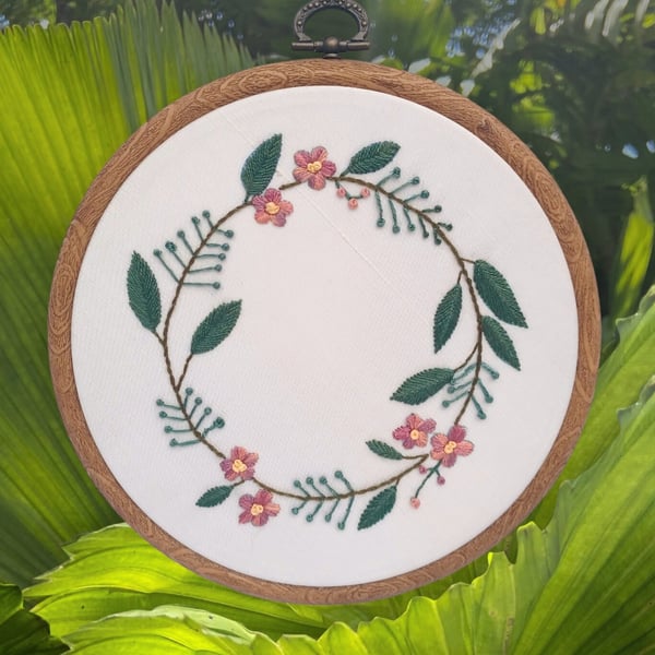 Flower Wreath Embroidery, Variegated Flower Embroidery, Embroidery Hoop, Hand Em