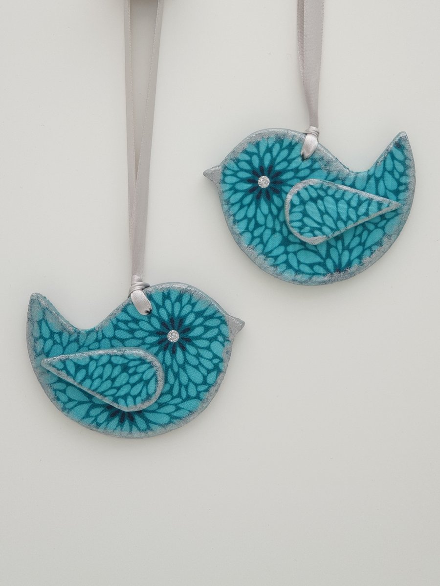 Decoupaged clay bird hanging decorations 