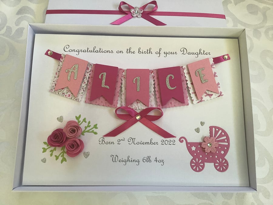 Personalised New Baby Girl Keepsake Card Gift Boxed Handmade