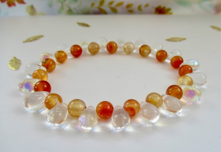 'Raindrops in Autumn' Carnelian and Czech glass stretchy bracelet 