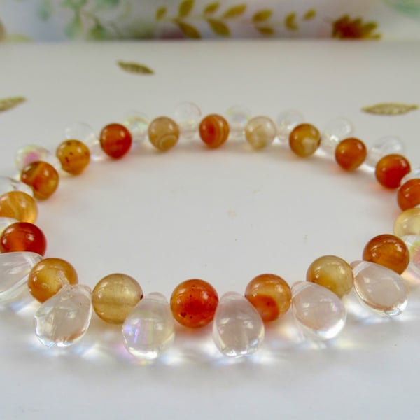 'Raindrops in Autumn' Carnelian and Czech glass stretchy bracelet 