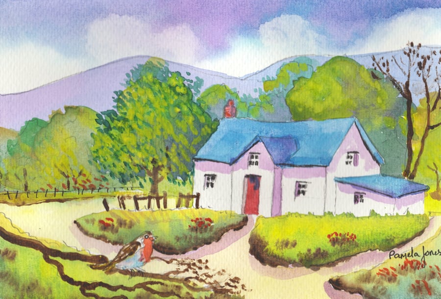 Country Cottage, With  Robin, Original Watercolour, in 14 x 11 '' Mount, Art