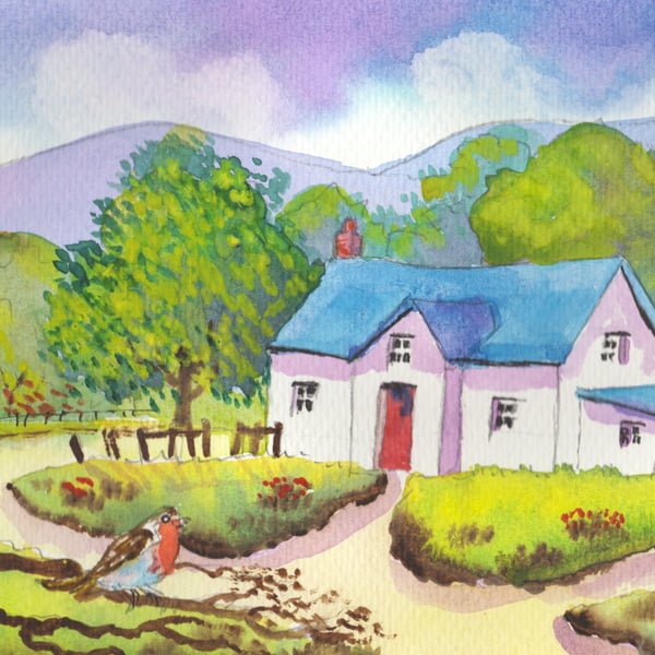 Country Cottage, With  Robin, Original Watercolour, in 14 x 11 '' Mount, Art