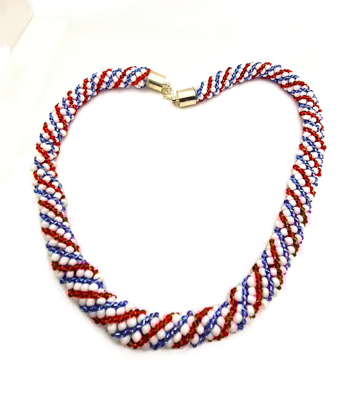 Red white and blue twisted rope seed bead necklace
