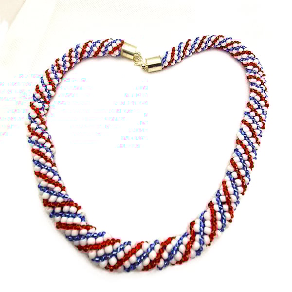 Red white and blue twisted rope seed bead necklace