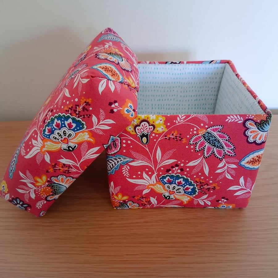 Modern floral fabric covered trinket box with removable lid