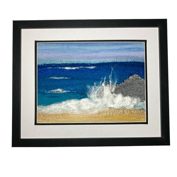 Crashing Waves, Textile picture, needle felted, wool and silk, 8" x 10" framed