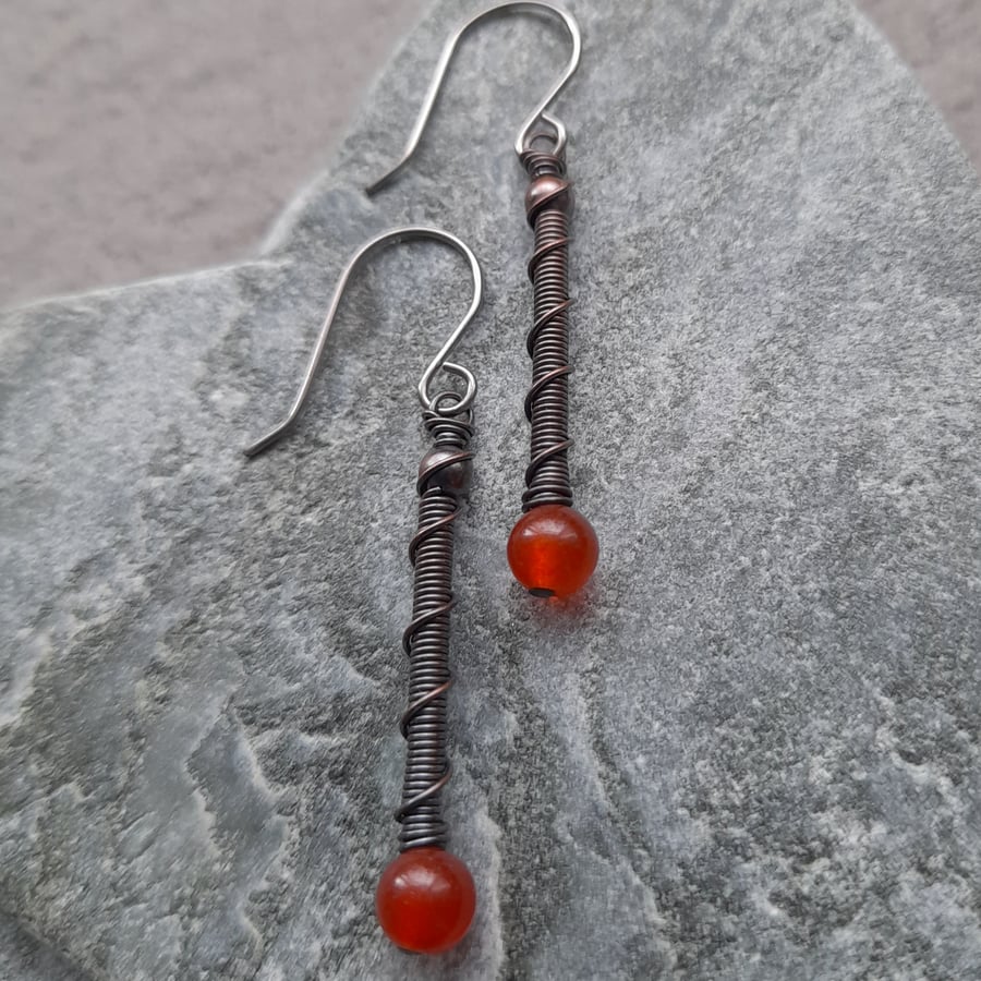 Copper Wire Wrapped Earrings With Deep Orange Dyed Quartz Niobium Ear Wires