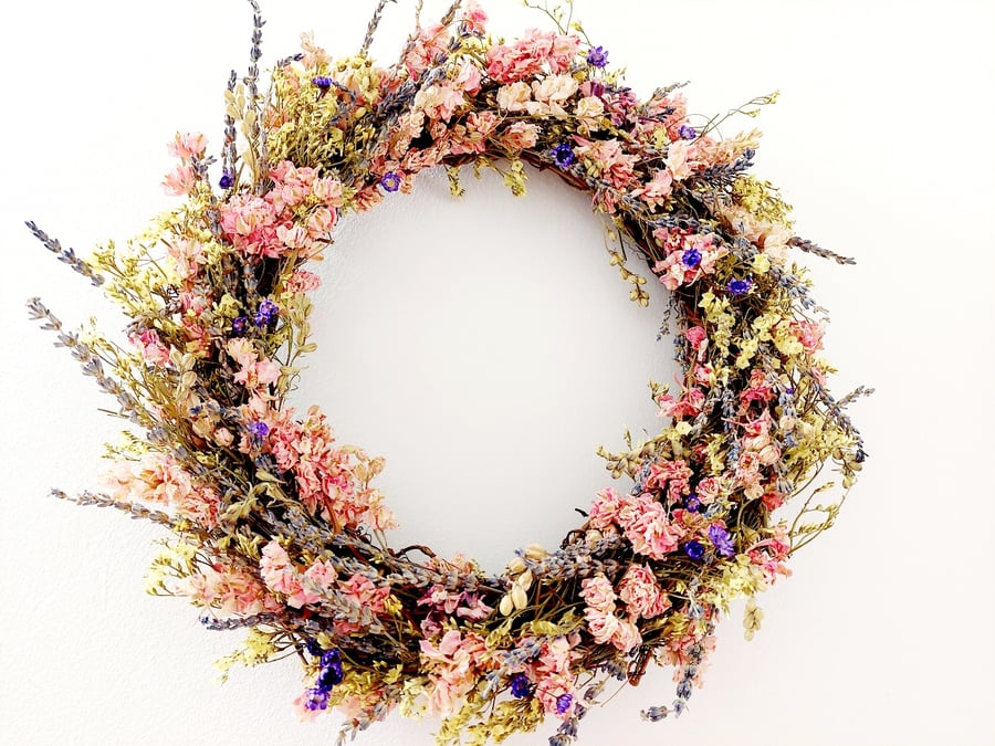 Dried Flower Wreath Limonium, Lavender, Purple Starflower Glixia & Larkspur 