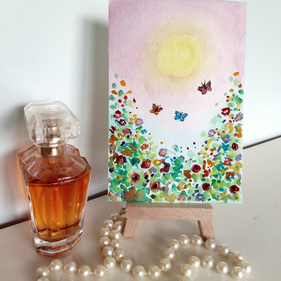 Flowers, Butterflies, Nature, Sun, Original miniature painting 