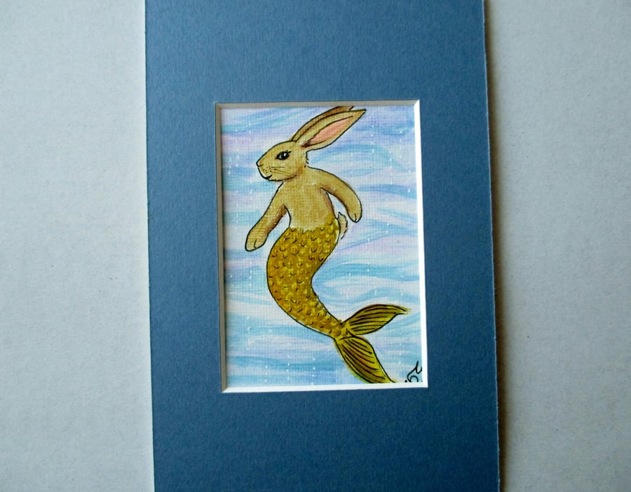 Merbunny Mermaid Bunny Rabbit ACEO original miniature painting in mount