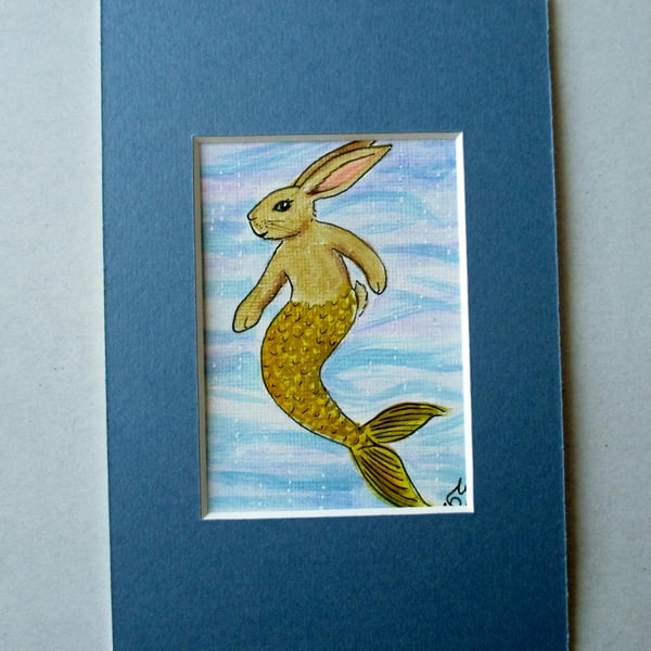 Merbunny Mermaid Bunny Rabbit ACEO original miniature painting in mount