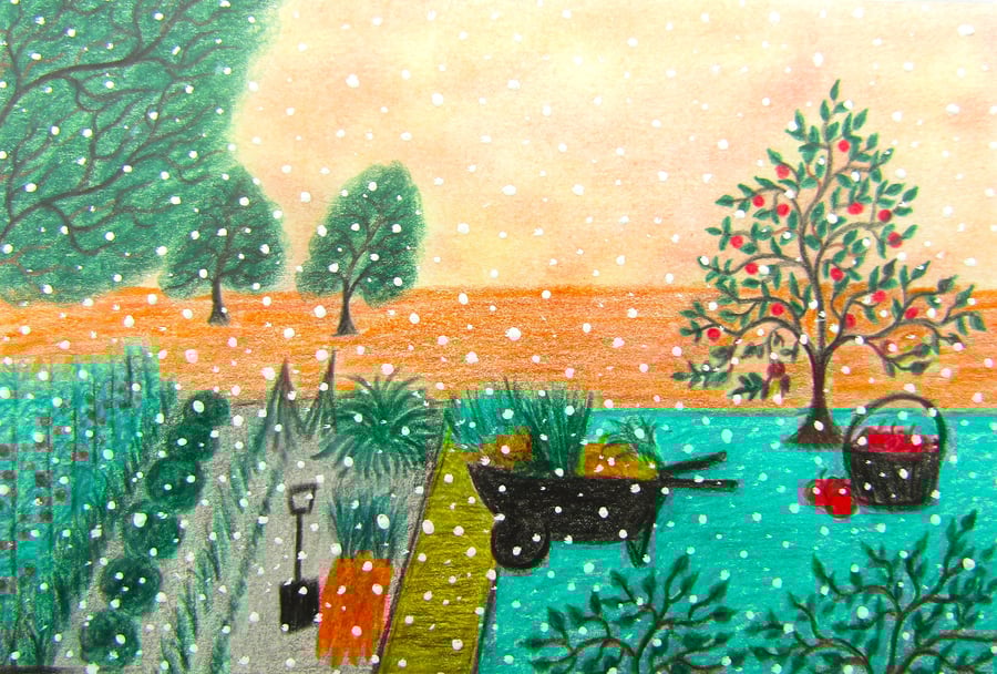 Allotment Card, Christmas Art, Vegetables, Winter Garden Card, Harvest, Snow