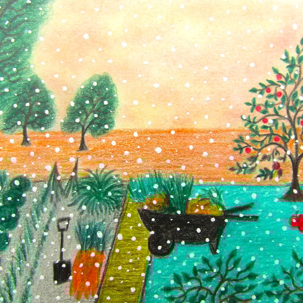 Allotment Card, Christmas Art, Vegetables, Winter Garden Card, Harvest, Snow
