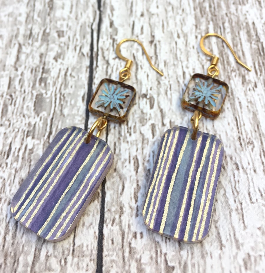 Purple striped Japanese Washi Paper dangle earrings with square glass bead
