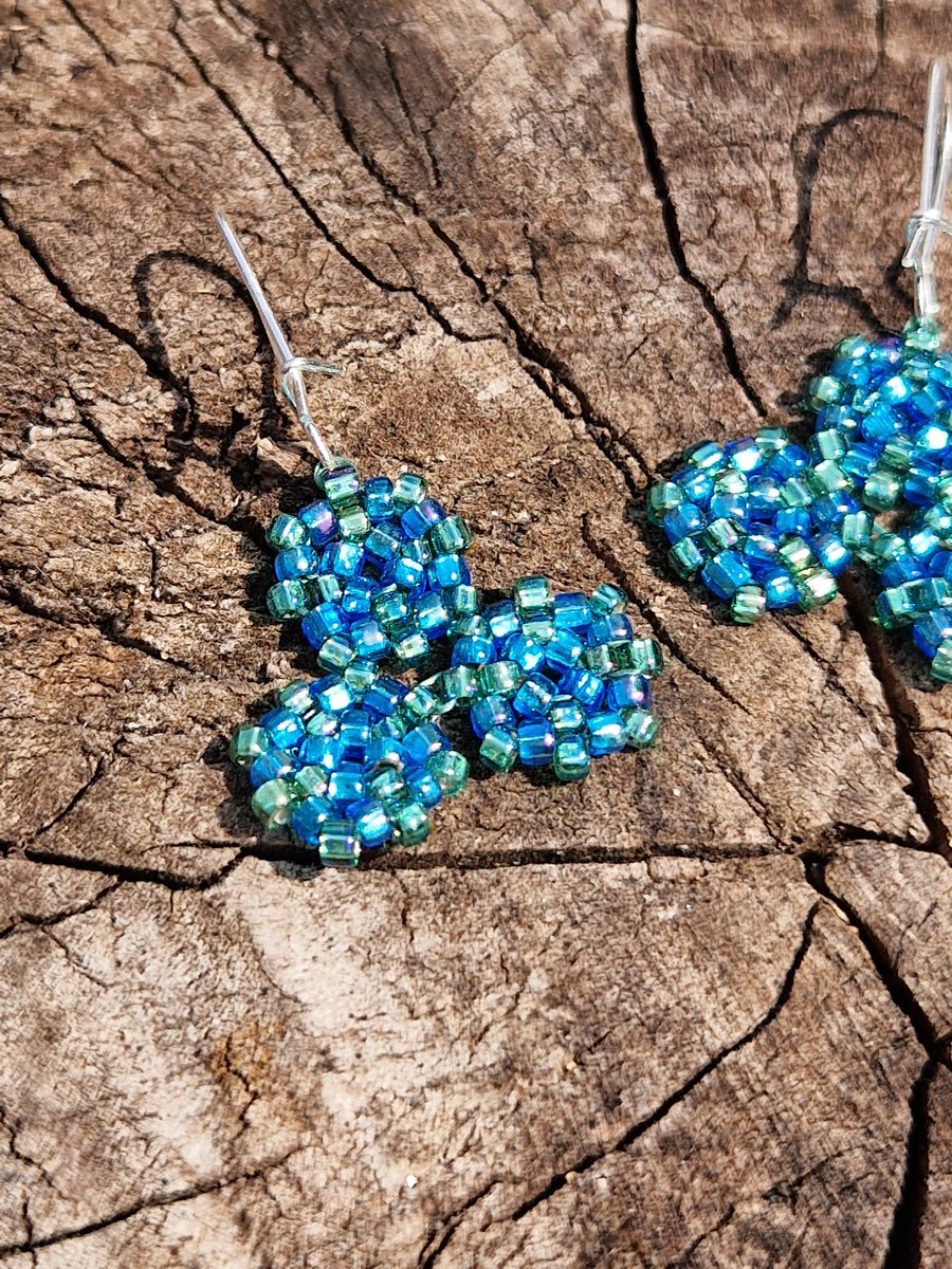 Blue and green celtic spiral inspired beaded earrings