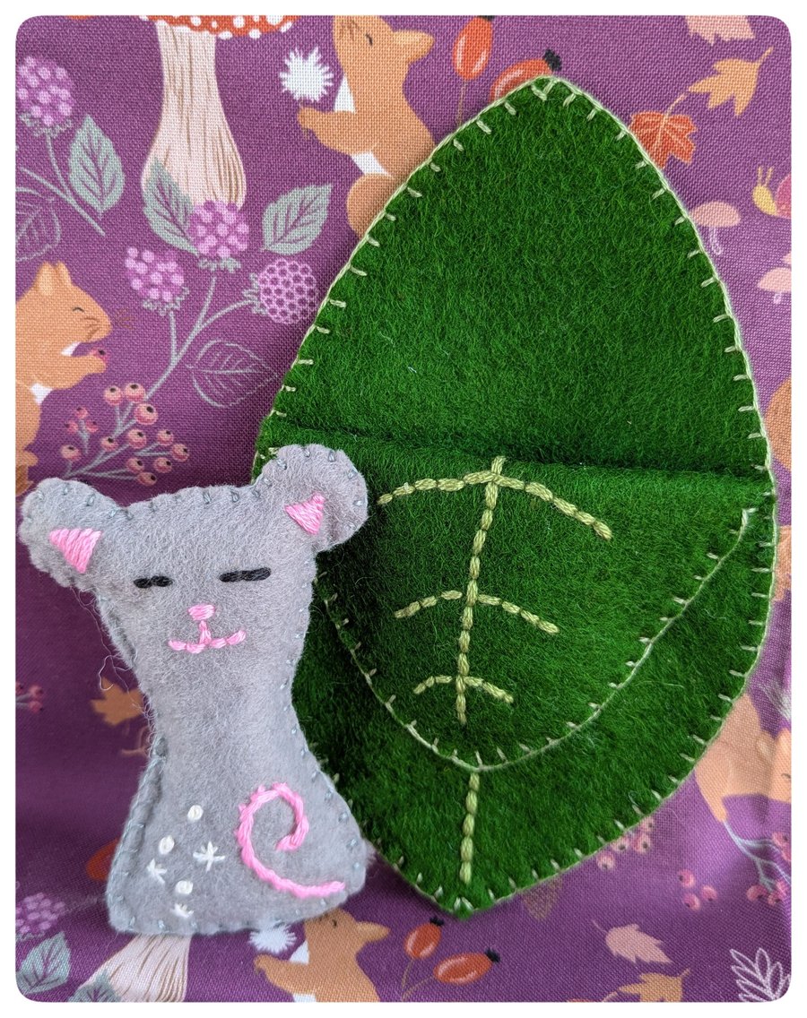 Felt Forest Friends - Hand Sewn Embroidered Mouse & Leaf