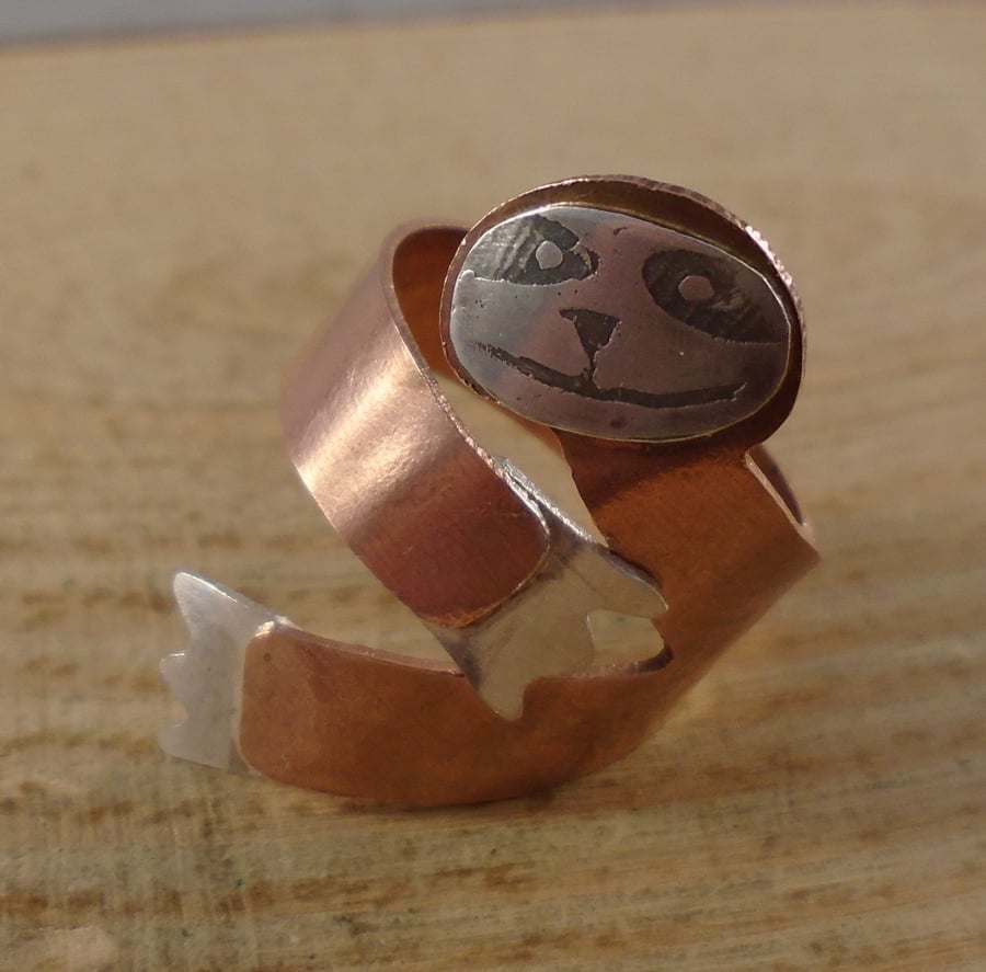 Copper and Sterling Silver Sloth Adjustable Ring
