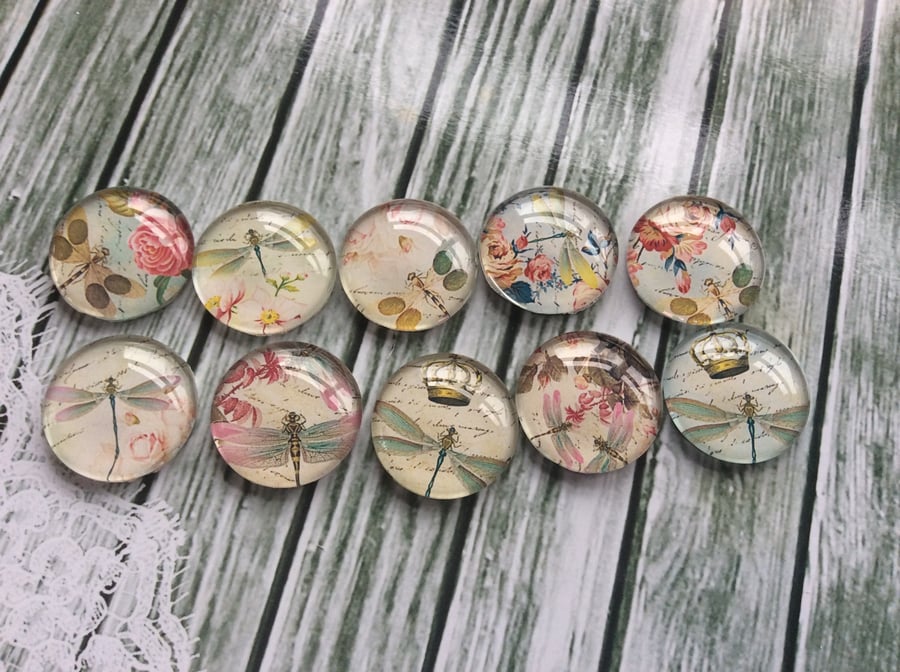 Round 20mm Glass Cabochons Vintage Dragonflies jewellery,charms, pendant x 10