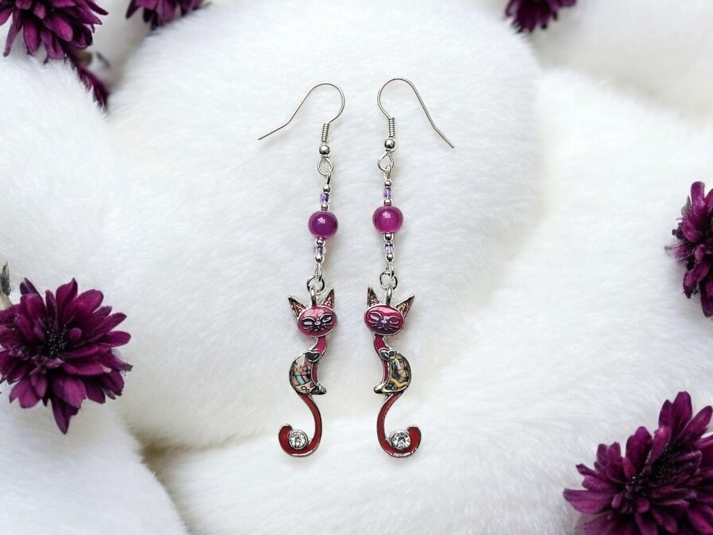 Enamel cat earrings, enamelled jewellery, cat jewellery, colourful jewellery
