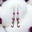 Enamel cat earrings, enamelled jewellery, cat jewellery, colourful jewellery