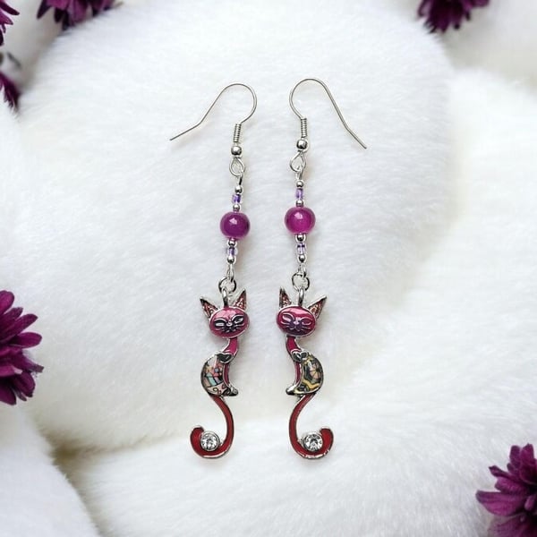 Enamel cat earrings, enamelled jewellery, cat jewellery, colourful jewellery