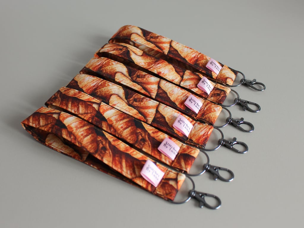 Croissant Wristlet Keychain, Cute Food Print Fabric Key Fob with Lobster Clasp