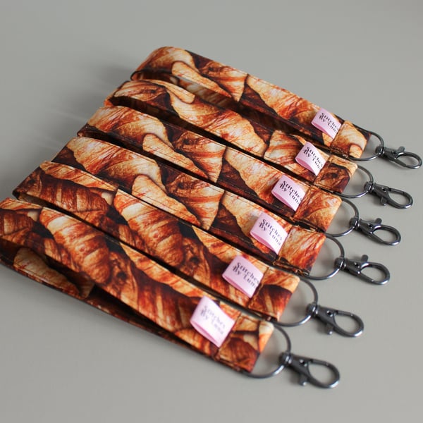 Croissant Wristlet Keychain, Cute Food Print Fabric Key Fob with Lobster Clasp