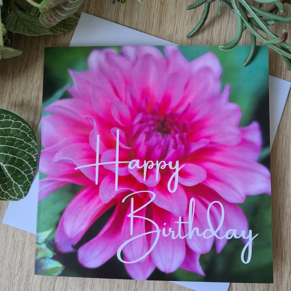 Pink dahlia photo birthday card