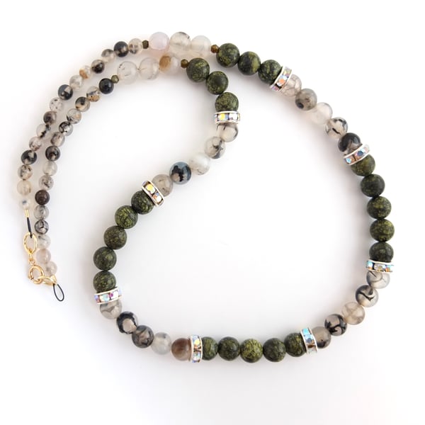 Green Lace Jasper and Dragon Vein Agate Necklace With Sparkly Beads.