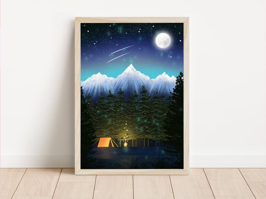 Wild Camping Print, Cozy Camping Illustration, Hiking, Campfire Art, Travel Art.