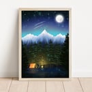 Wild Camping Print, Cozy Camping Illustration, Hiking, Campfire Art, Travel Art.