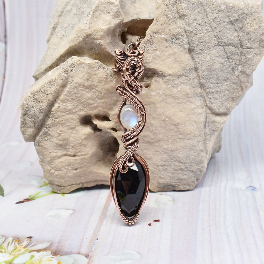 Faceted Black Onyx and Moonstone Double Stone Pendant