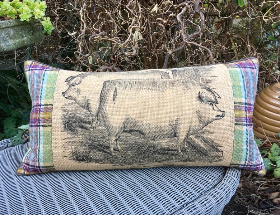 Pig bolster cushion, Plaid and hessian cushion, Rustic Bolster cushion