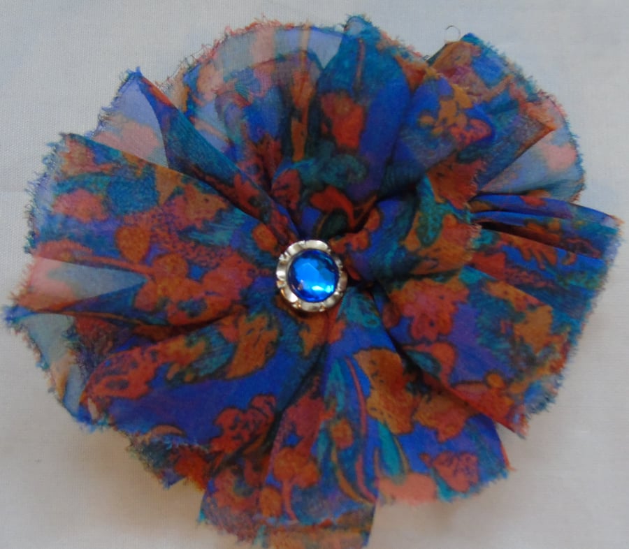 Fabric Brooch-Hair Clip - Tan and Blue Flower