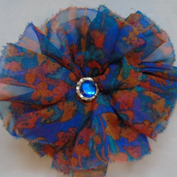 Fabric Brooch-Hair Clip - Tan and Blue Flower