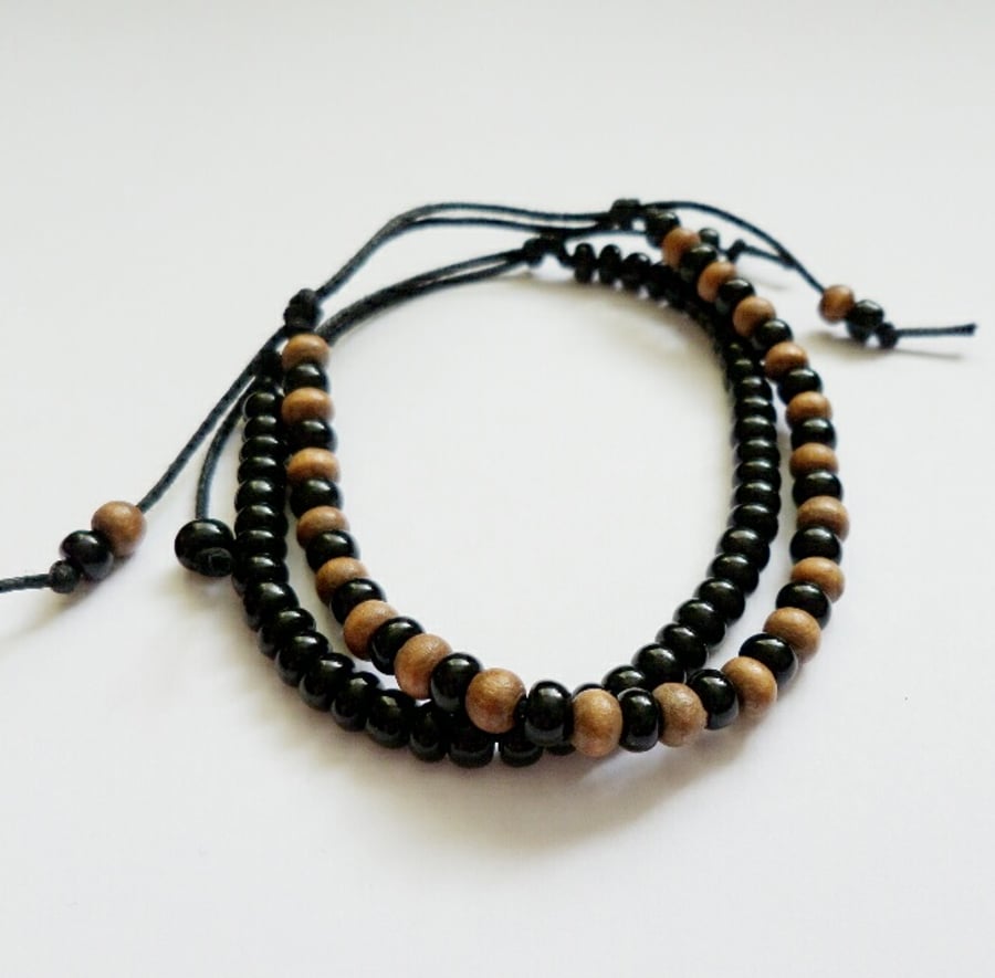 Mens Black Glass & Wood Bead Bracelets - set of 2 bracelets