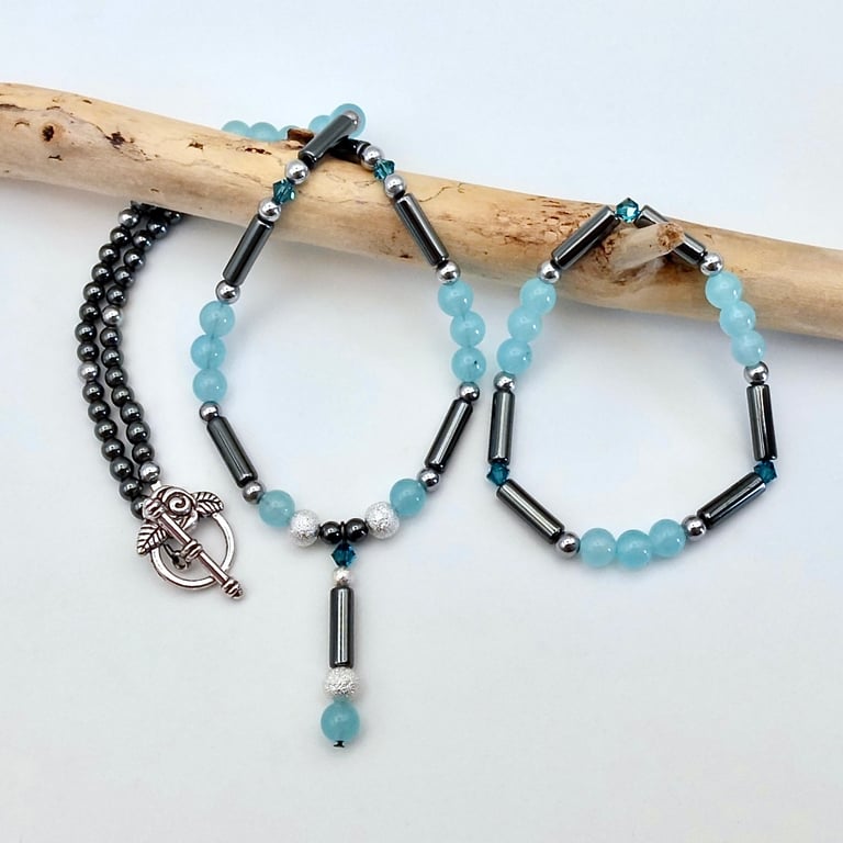 Aquamarine Jade & Hematite Necklace & Bracelet Set, Summer Seconds Sale