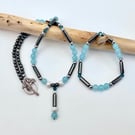 Aquamarine Jade & Hematite Necklace & Bracelet Set, Summer Seconds Sale