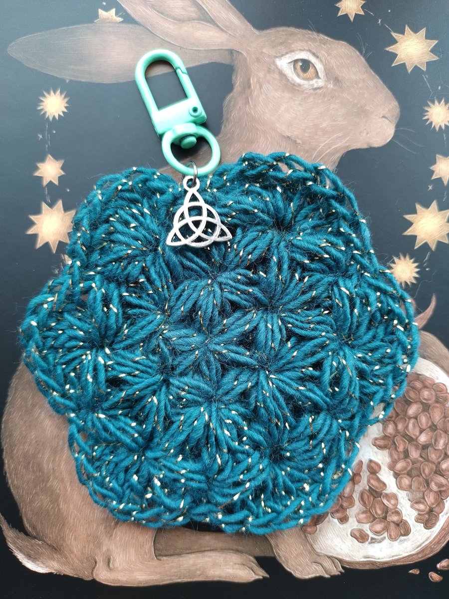 Crochet flower of life bag charm - turquoise blue