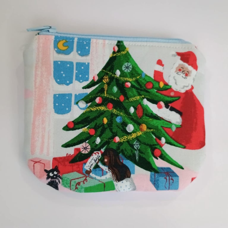Christmas zipped purse - Santa with Christmas tree, girl and cat